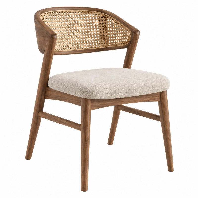 Chaise 56 x 58 x 78 cm en bois brun avec cannage et assise tissu beige style naturel