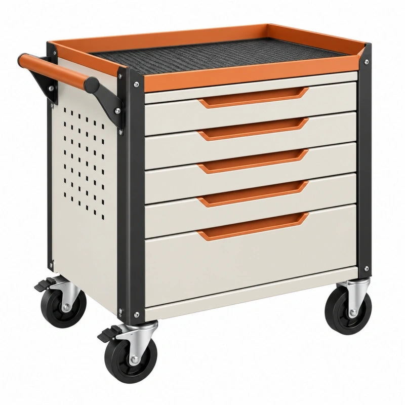 Servante d atelier 76 x 46 x 95 cm en acier blanc orange avec 5 tiroirs et roulettes