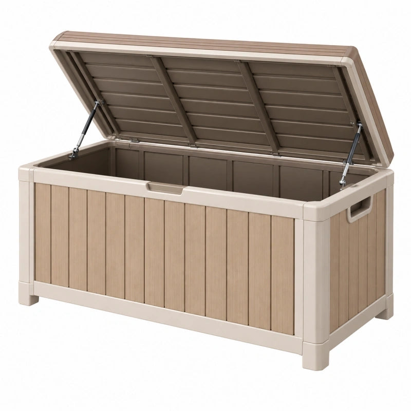 Coffre de rangement extérieur 120 x 55 x 60 cm en plastique beige avec couvercle à vérins