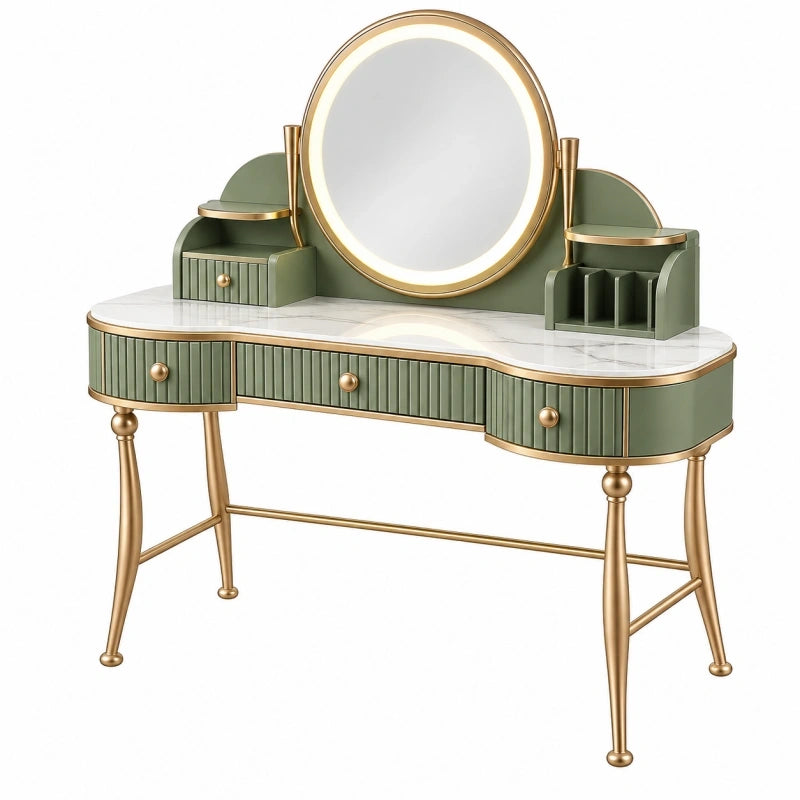 Coiffeuse 120 x 45 x 140 cm verte et dorée en bois d'ingénierie avec miroir lumineux et rangements