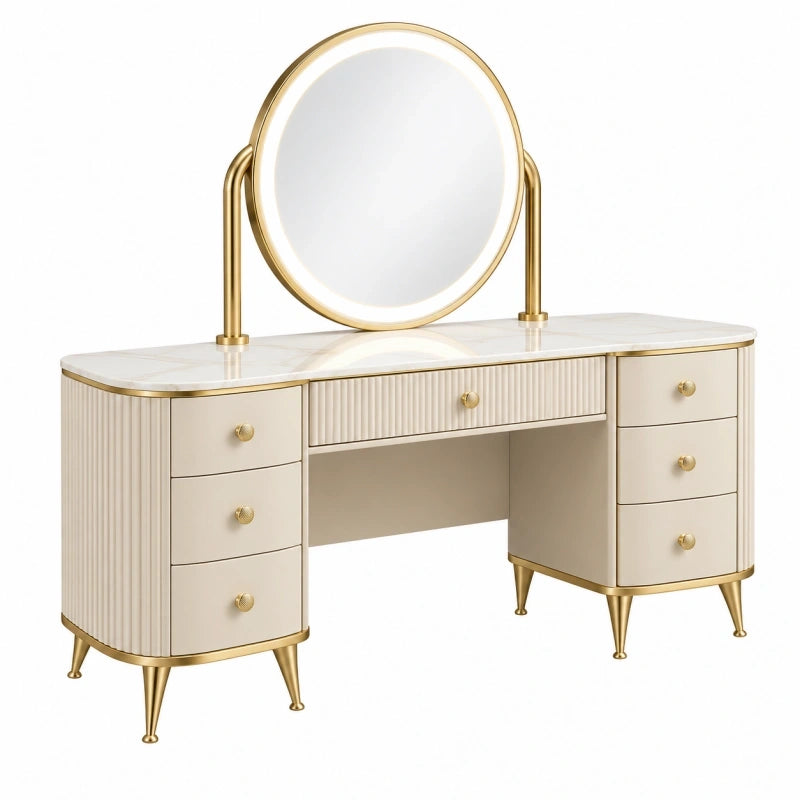 Coiffeuse 120 x 45 x 145 cm crème et doré avec miroir et 7 tiroirs style contemporain