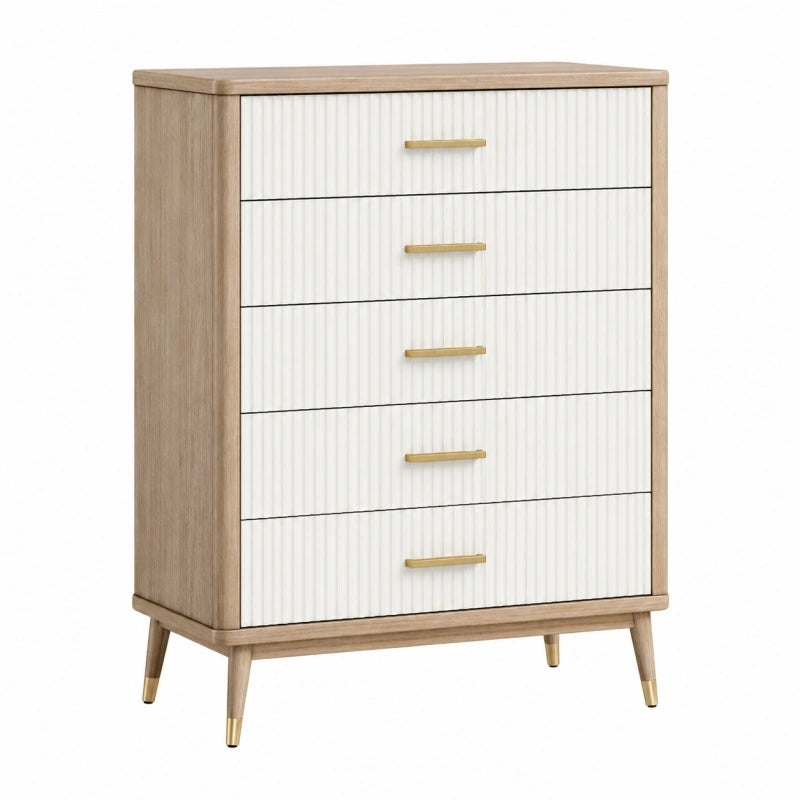 Commode 80 x 40 x 110 cm en panneaux de bois chêne clair blanc à 5 tiroirs style scandinave