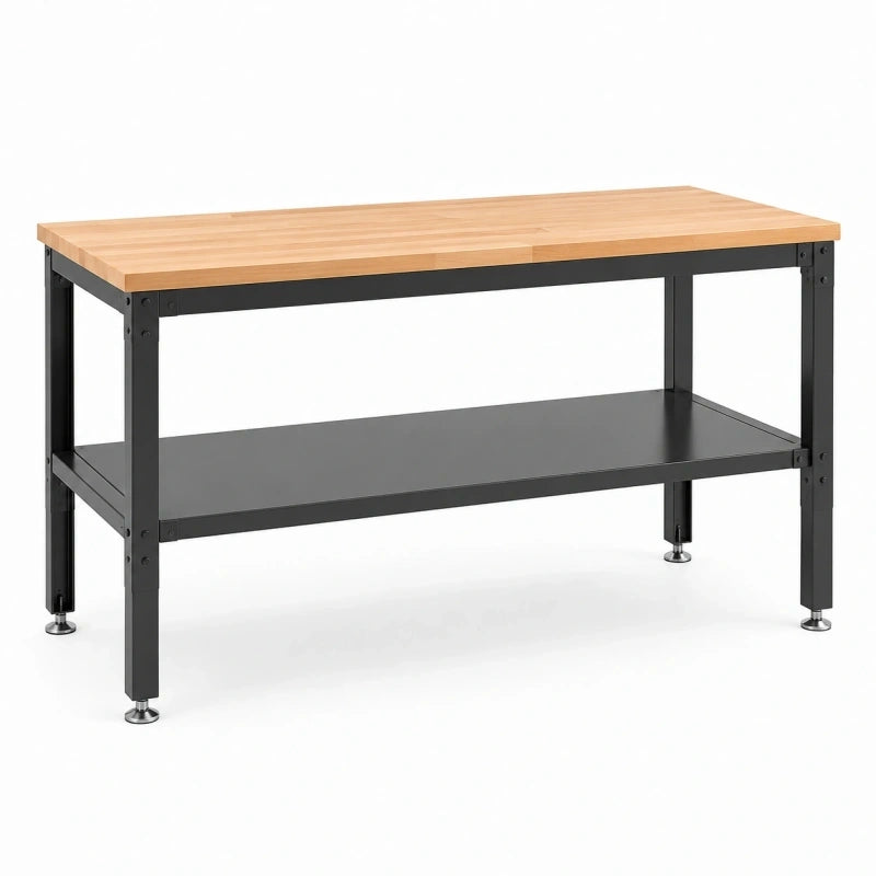 Établi d'atelier 120 x 60 x 85 cm bois et acier noir avec étagère de rangement