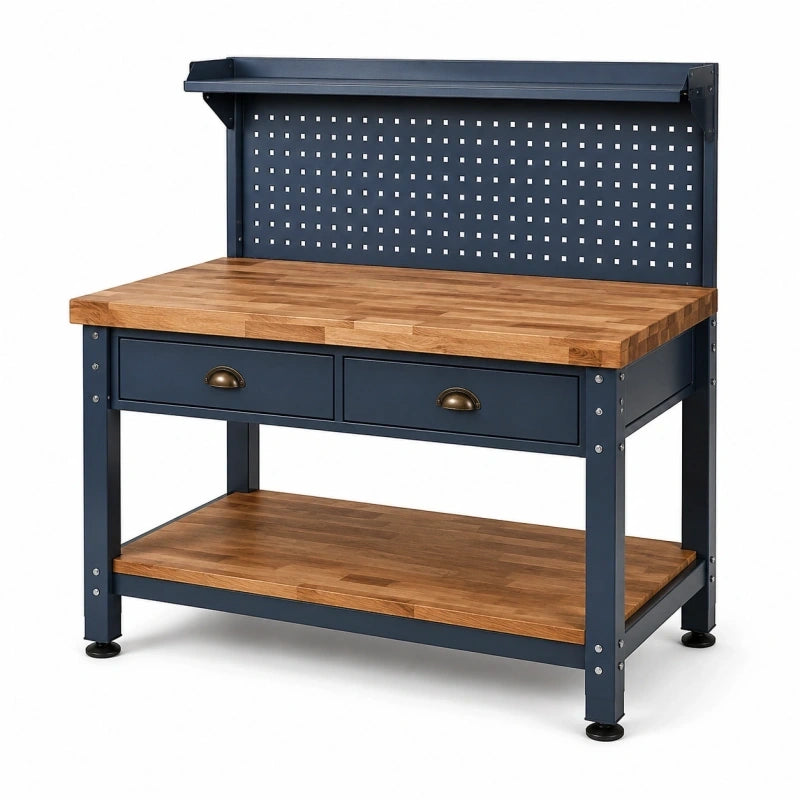 Établi d'atelier 120 x 60 x 150 cm en bois et acier bleu foncé avec panneau perforé et tiroirs style industriel