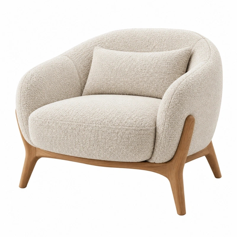 Fauteuil 86 x 80 x 78 cm en tissu bouclette écru et bois style contemporain