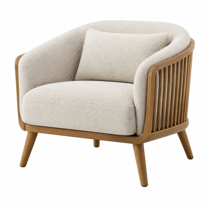 Fauteuil 78 x 75 x 78 cm en tissu bouclette écru et bois naturel style contemporain