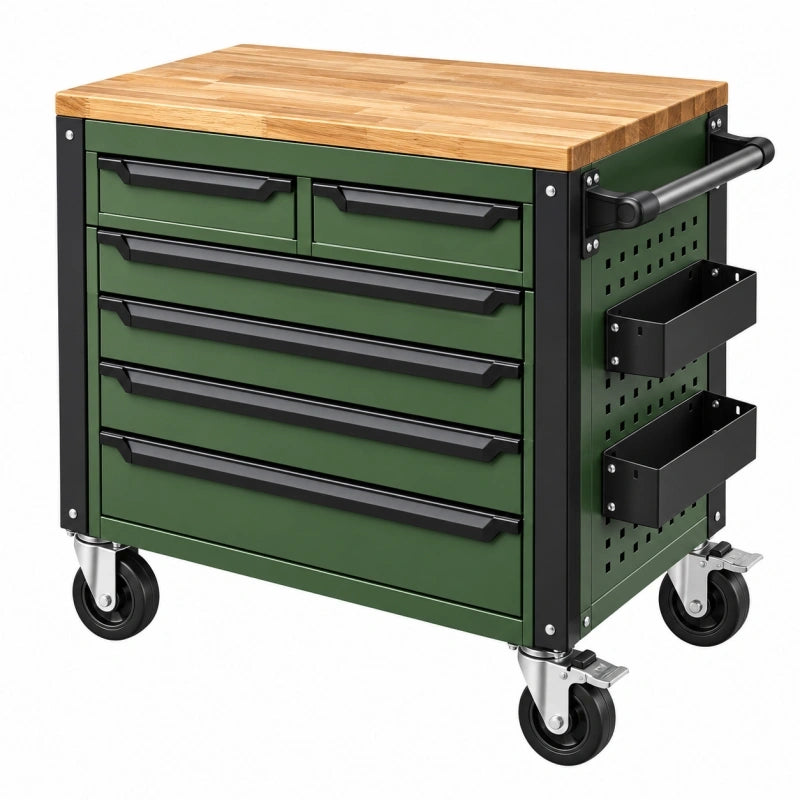 Servante d atelier 78 x 46 x 93 cm en acier vert avec plateau en bois mobile à 7 tiroirs