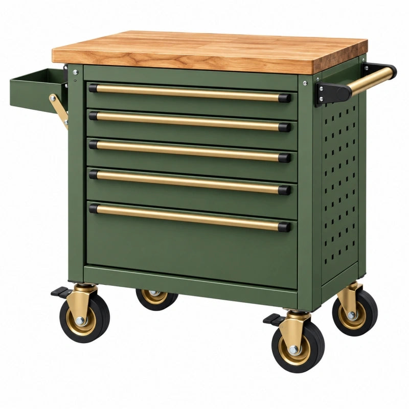 Servante d'atelier 90 x 50 x 95 cm en métal vert avec plateau en bois et roulettes