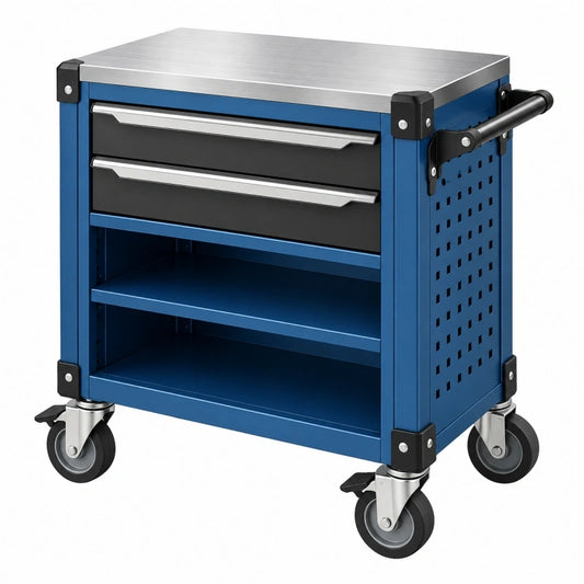 Chariot d atelier 80 x 45 x 90 cm en acier bleu et noir avec 2 tiroirs et roulettes