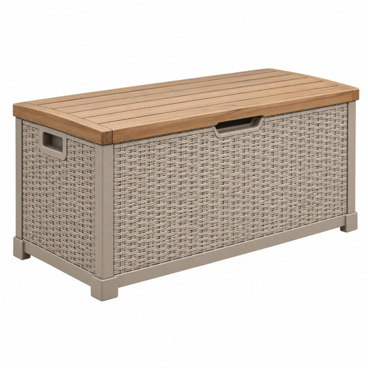 Coffre de rangement extérieur 120 x 60 x 60 cm en résine tressée beige avec couvercle effet bois