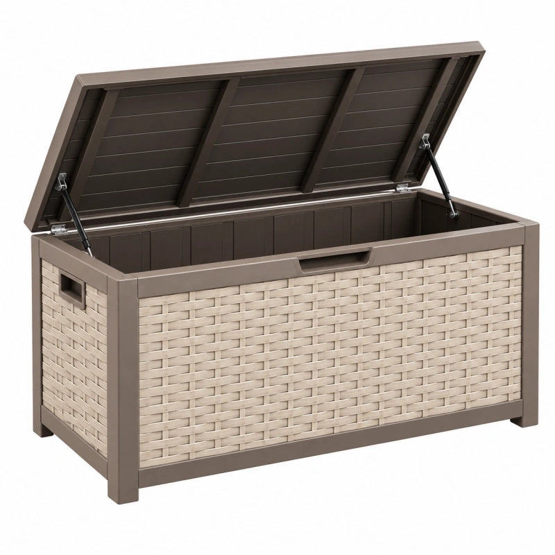 Coffre de rangement extérieur 120 x 56 x 63 cm en résine taupe et beige avec couvercle à vérins