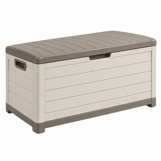 Coffre de rangement extérieur 120 x 55 x 60 cm en résine beige et taupe étanche avec assise