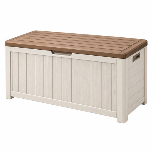 Coffre de rangement extérieur 117 x 45 x 57 cm en résine beige et marron avec couvercle effet bois