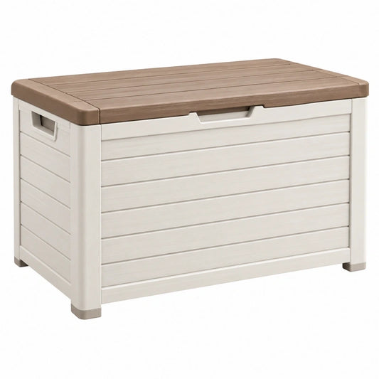 Coffre de rangement 120 x 56 x 63 cm en plastique beige et taupe avec couvercle