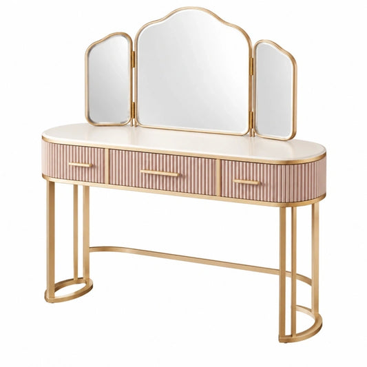 Coiffeuse 120 x 45 x 145 cm rose et doré avec miroir triptyque et 3 tiroirs style contemporain