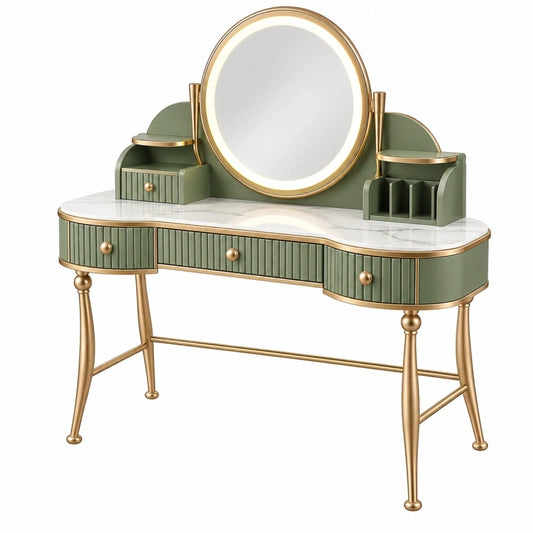 Coiffeuse 120 x 45 x 140 cm verte et dorée en bois d'ingénierie avec miroir lumineux et rangements