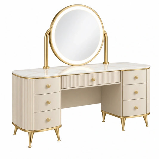 Coiffeuse 120 x 45 x 145 cm crème et doré avec miroir et 7 tiroirs style contemporain