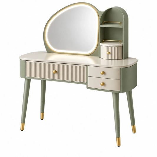 Coiffeuse 100 x 45 x 135 cm en bois vert sauge avec miroir lumineux et rangement