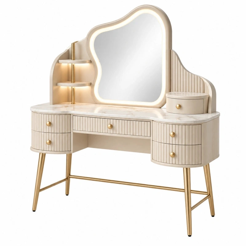Coiffeuse 120 x 45 x 150 cm blanche en bois avec miroir éclairé et 5 tiroirs