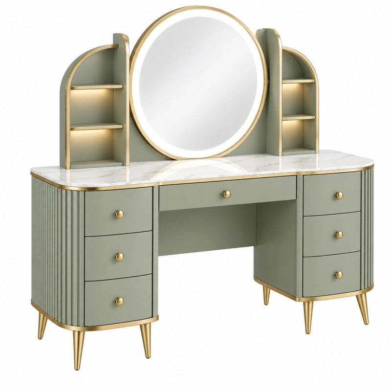 Coiffeuse 120 x 50 x 150 cm vert sauge et doré avec miroir et rangements style Art déco