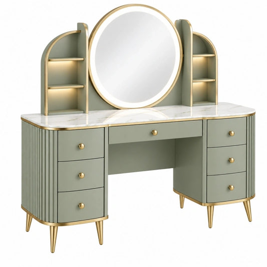 Coiffeuse 120 x 50 x 150 cm vert sauge et doré avec miroir et rangements style Art déco