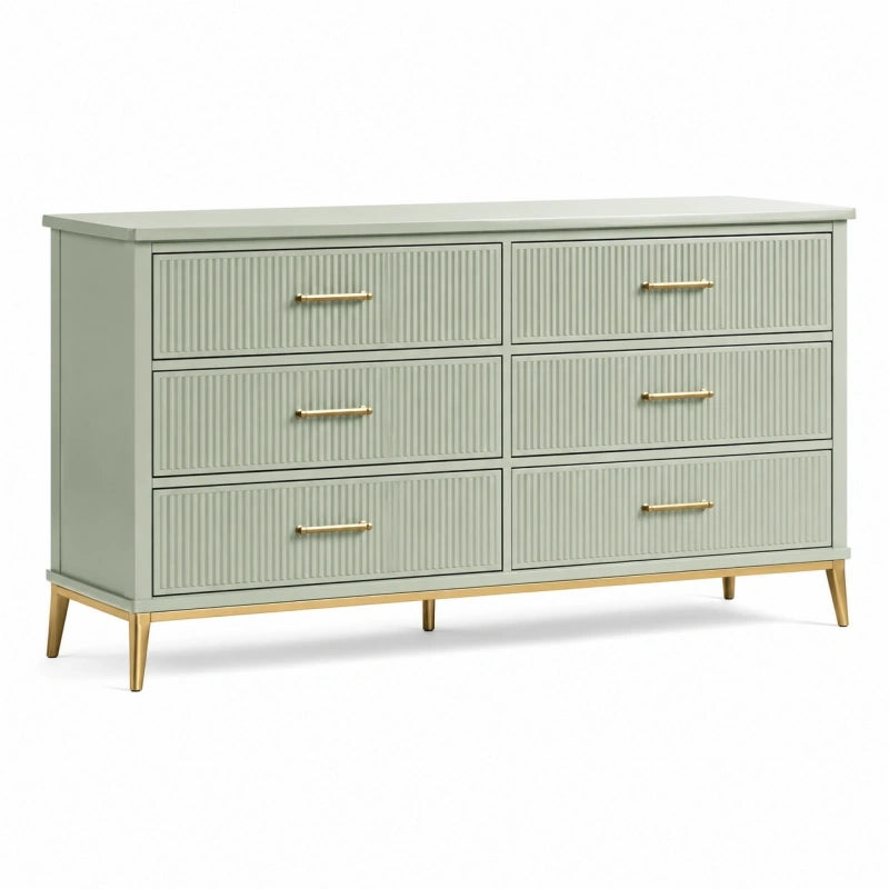 Commode 160 x 45 x 85 cm en bois vert sauge à 6 tiroirs style contemporain