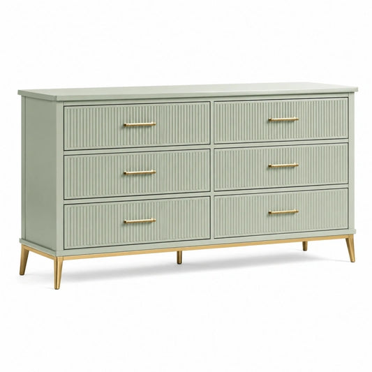 Commode 160 x 45 x 85 cm en bois vert sauge à 6 tiroirs style contemporain