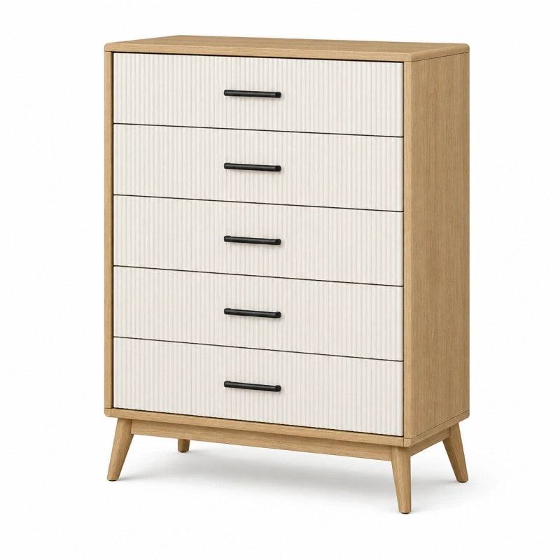 Commode 80 x 40 x 110 cm en panneaux de bois blanc et bois naturel à 5 tiroirs style scandinave