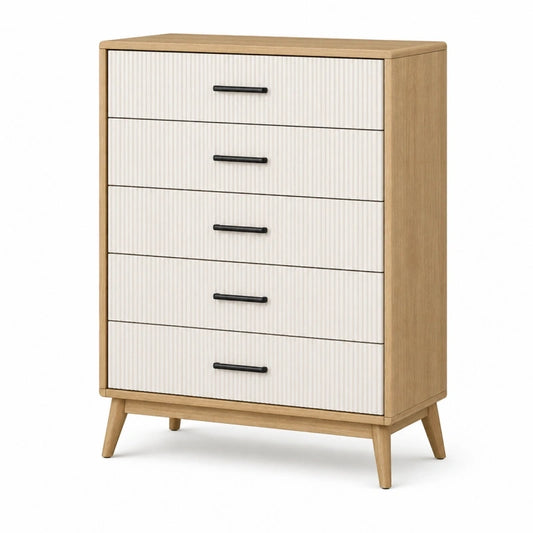 Commode 80 x 40 x 110 cm en panneaux de bois blanc et bois naturel à 5 tiroirs style scandinave