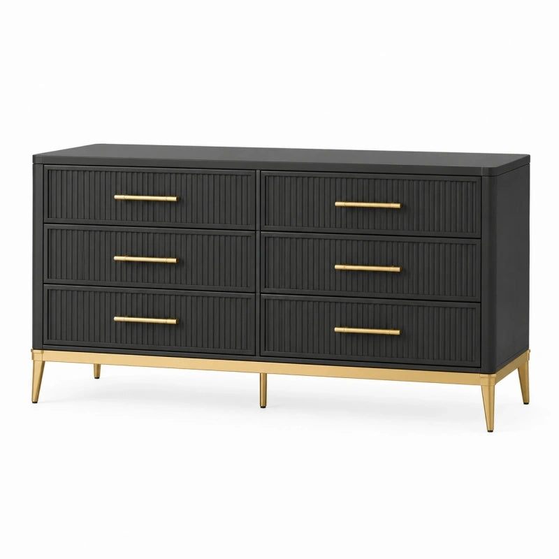 Commode 150 x 45 x 80 cm noire en bois à 6 tiroirs style contemporain