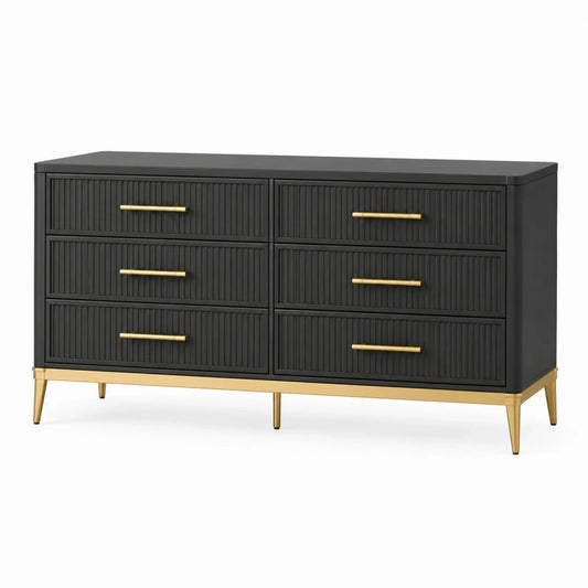 Commode 150 x 45 x 80 cm noire en bois à 6 tiroirs style contemporain