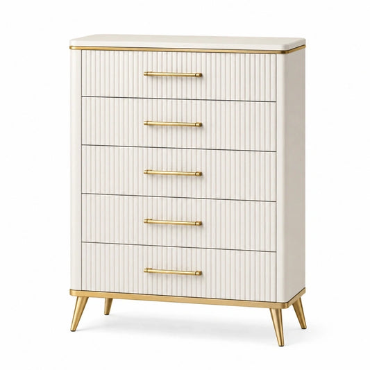 Commode 80 x 40 x 110 cm en panneaux de bois crème et doré à 5 tiroirs style contemporain