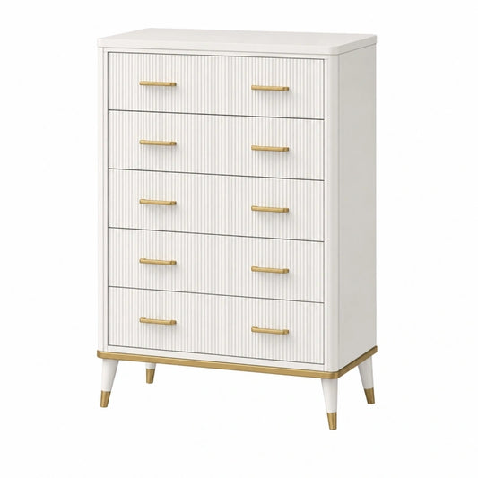 Commode 80 x 40 x 110 cm blanche en bois avec 5 tiroirs style moderne