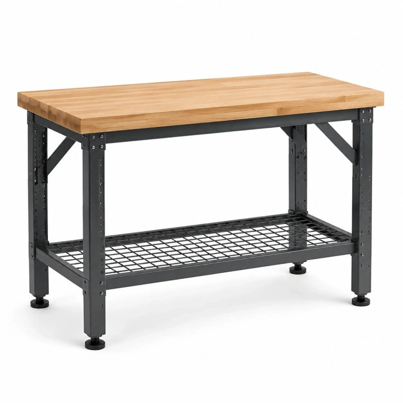 Établi 120 x 60 x 90 cm plateau en bois structure en acier noir avec étagère grillagée