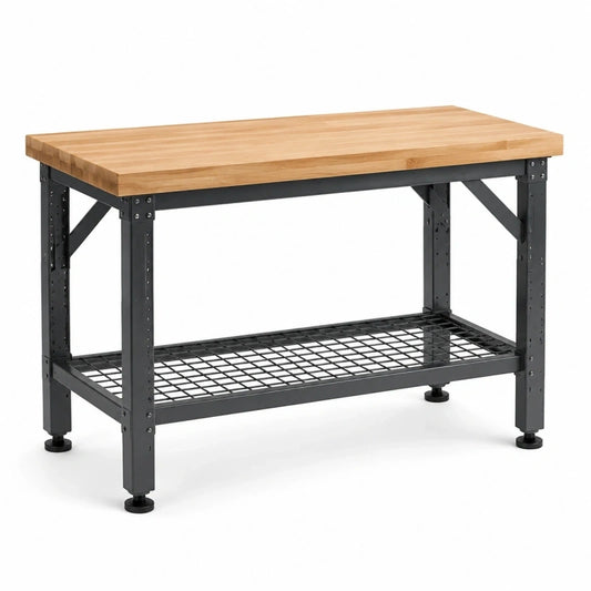 Établi 120 x 60 x 90 cm plateau en bois structure en acier noir avec étagère grillagée