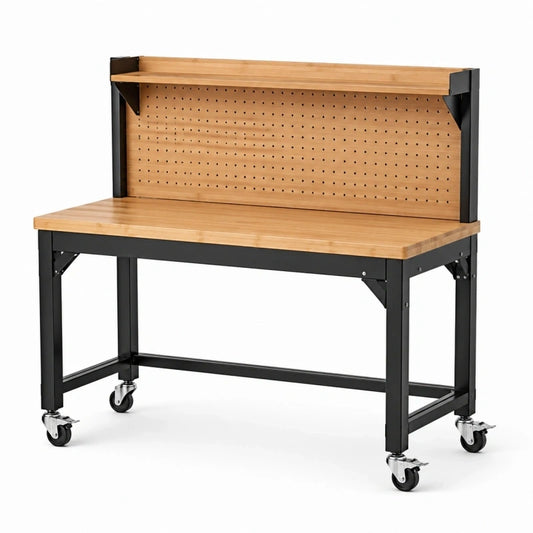 Établi mobile 120 x 60 x 145 cm en bois et acier noir avec panneau perforé