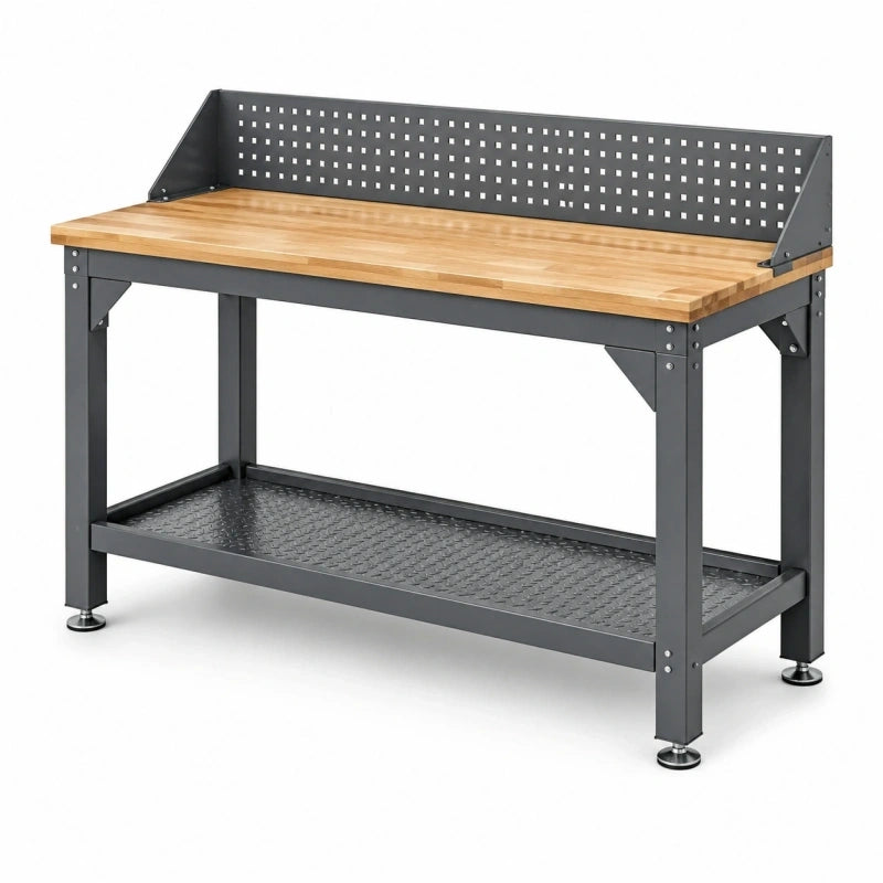 Établi 120 x 60 x 90 cm en bois et acier gris avec panneau perforé et étagère de rangement