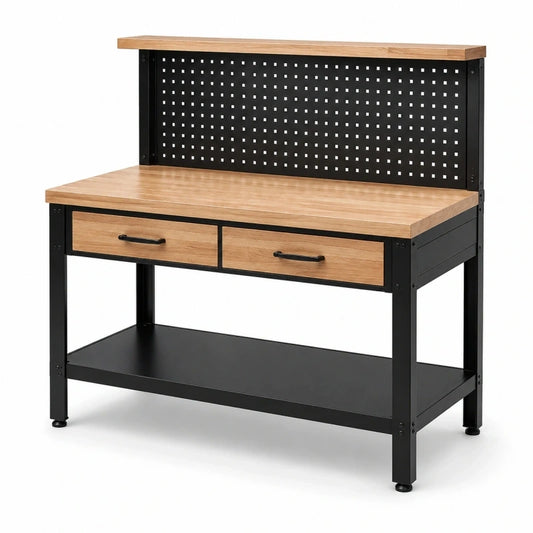 Établi 120 x 60 x 150 cm en acier noir et bois avec 2 tiroirs style industriel