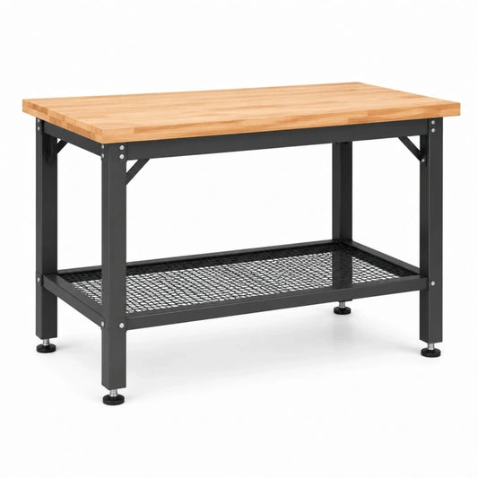 Établi 120 x 60 x 85 cm en bois et acier noir avec étagère de rangement