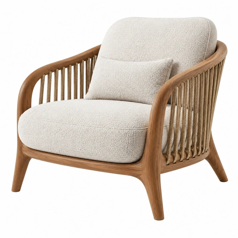 Fauteuil 78 x 75 x 82 cm en bois marron et tissu bouclette beige style naturel