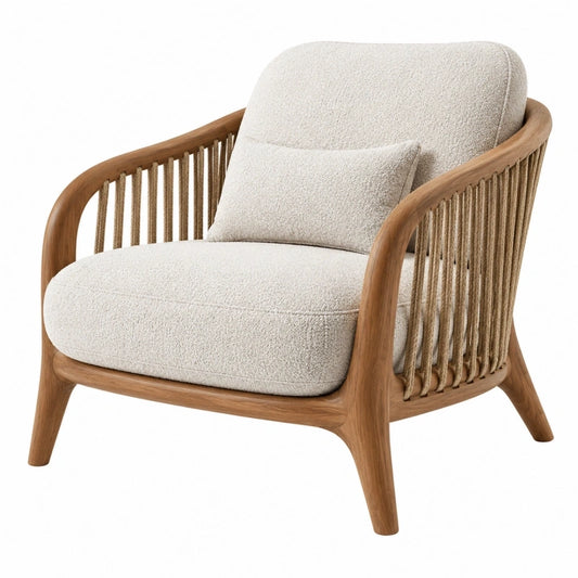 Fauteuil 78 x 75 x 82 cm en bois marron et tissu bouclette beige style naturel