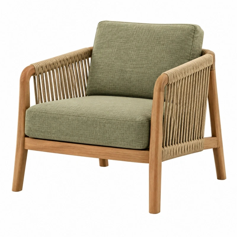 Fauteuil 76 x 74 x 78 cm en bois naturel et corde beige avec assise en tissu vert olive