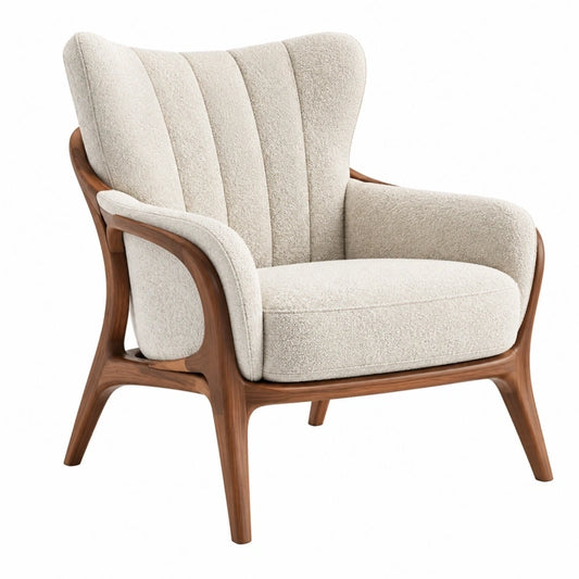 Fauteuil 82 x 86 x 101 cm en tissu bouclette écru et bois - Style contemporain