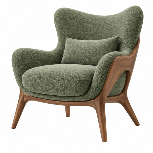 Fauteuil 88 x 85 x 102 cm en tissu bouclette vert et bois style contemporain